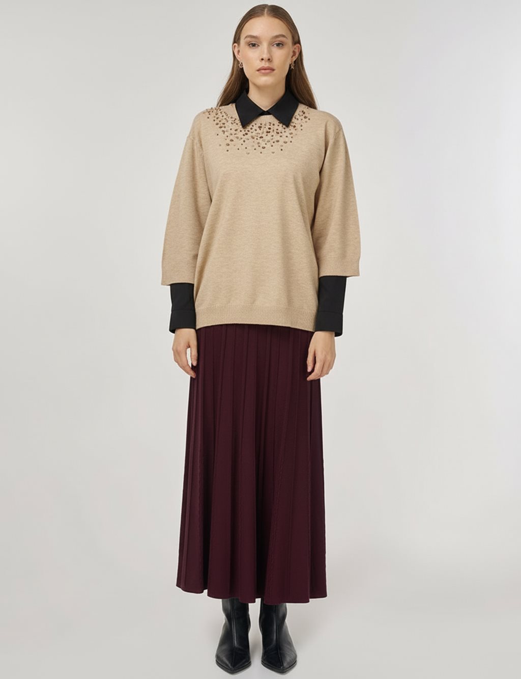 Payet İşlemeli Viskon Triko Tunik Vizon 