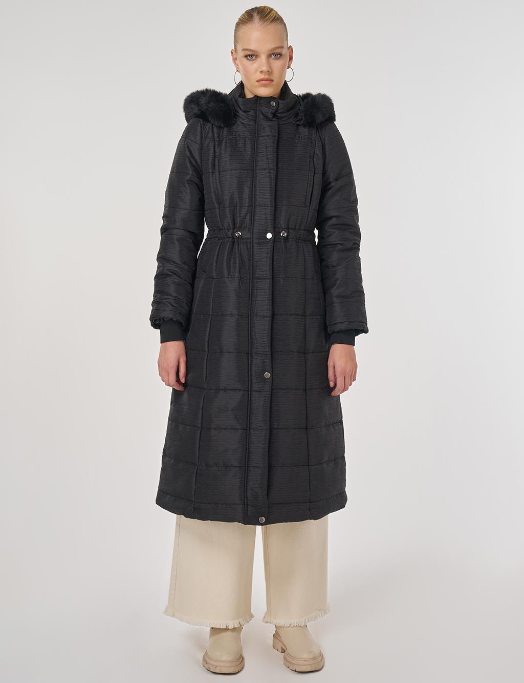 Faux Fur Quilted Coat in Black