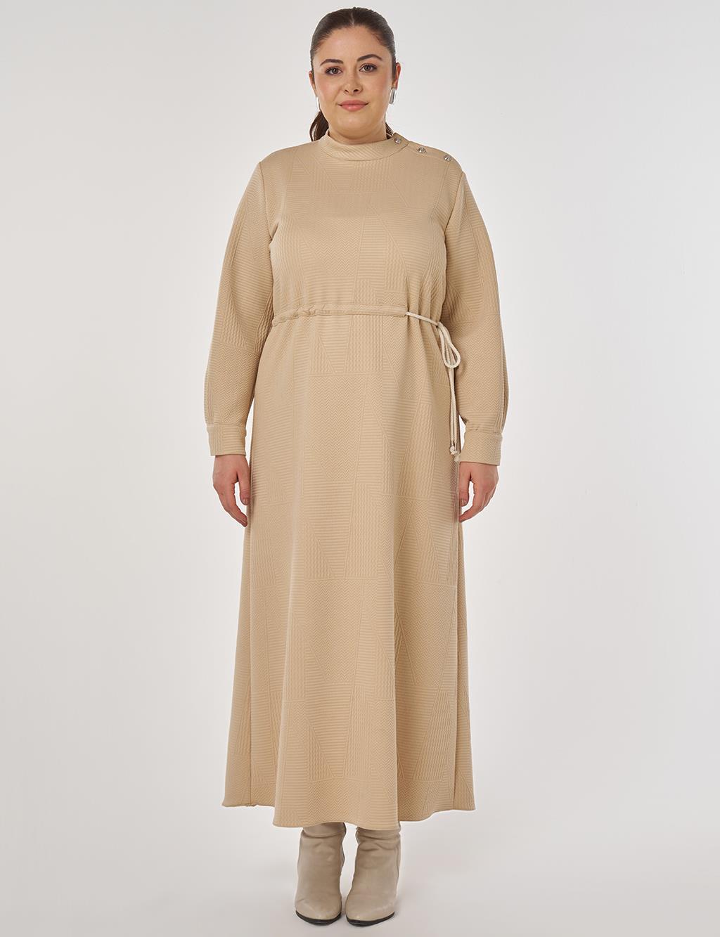 Patterned Relaxed-Cut Dress in Beige