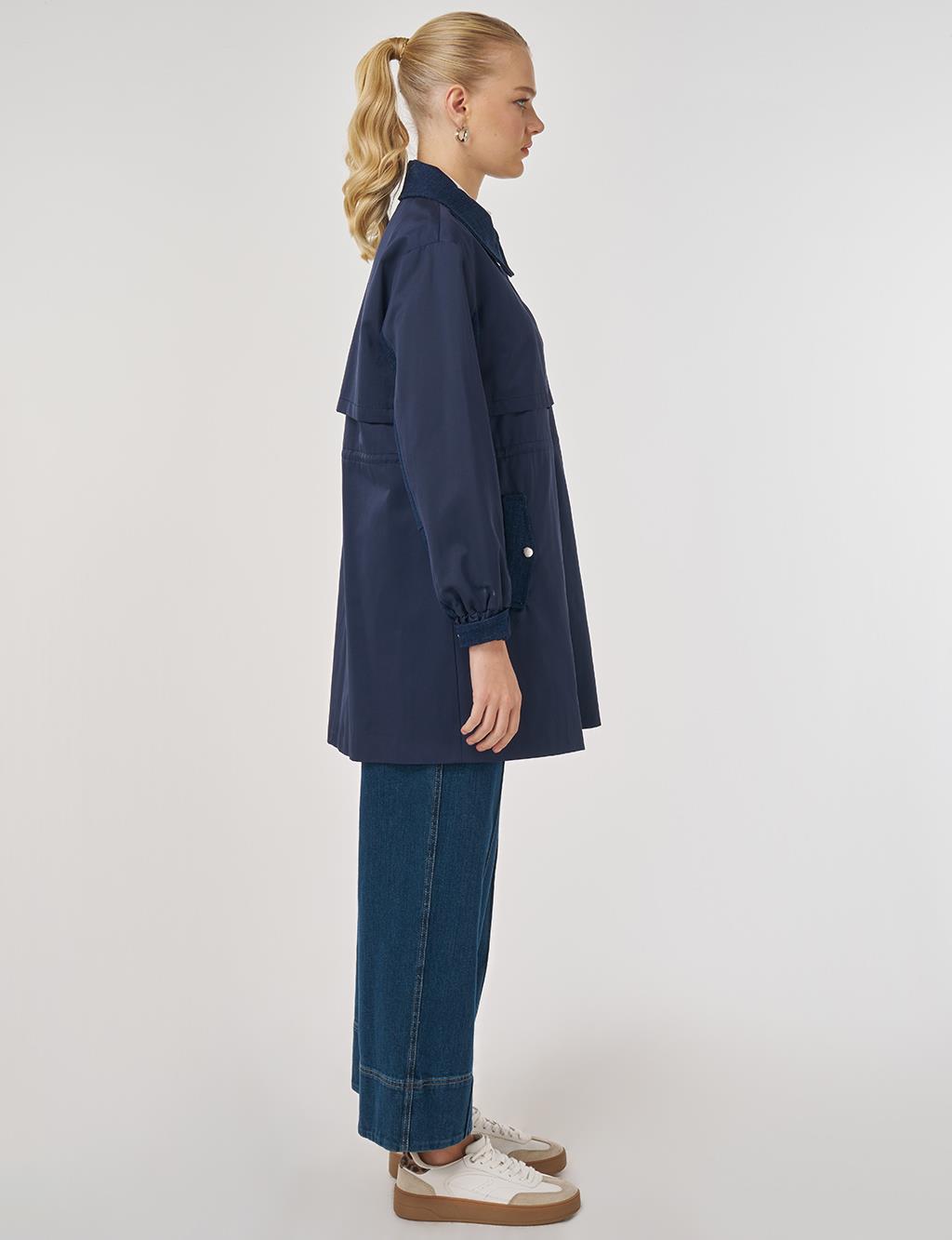 Denim Garnili Kısa Trençkot Koyu Lacivert 