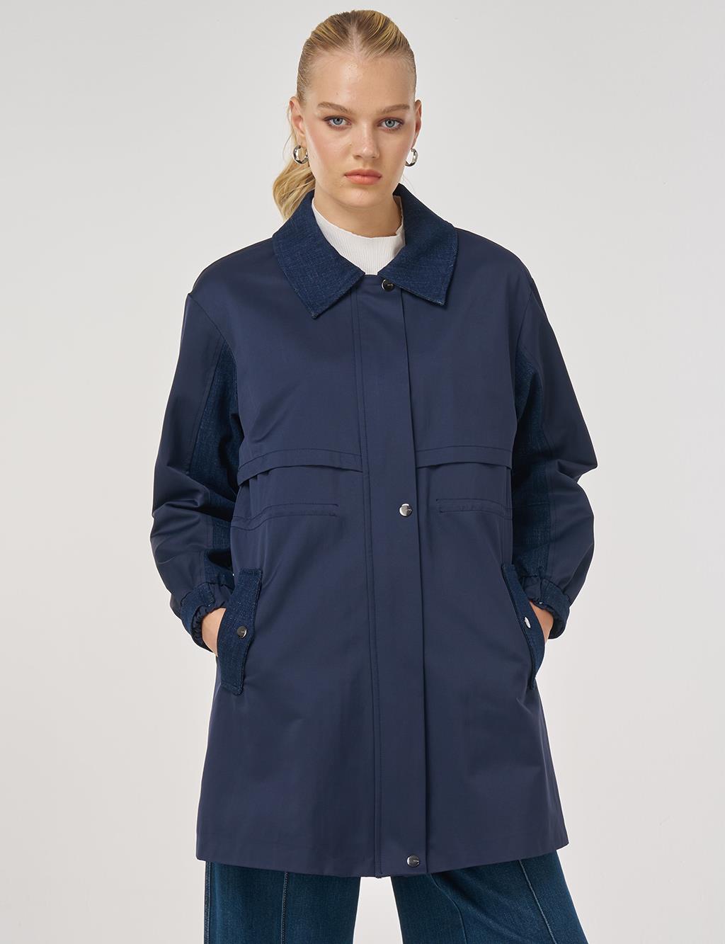 Denim Garnili Kısa Trençkot Koyu Lacivert 