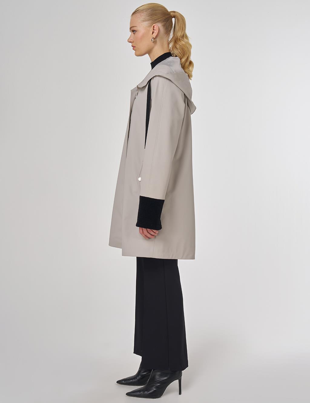 Kadife Garnili Kapüşonlu Kap Gri