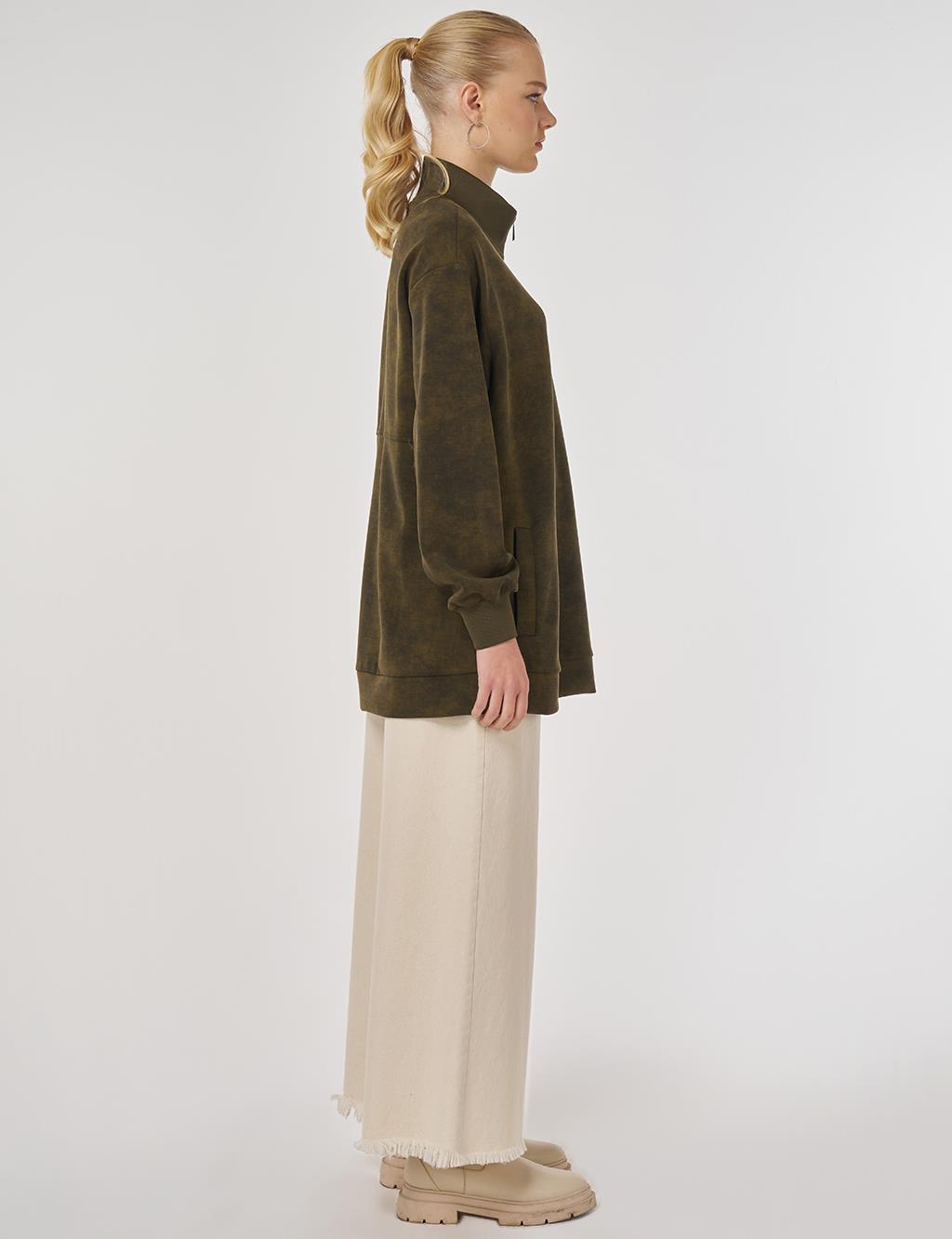 Stand-Up Collar Sweatshirt in Khaki