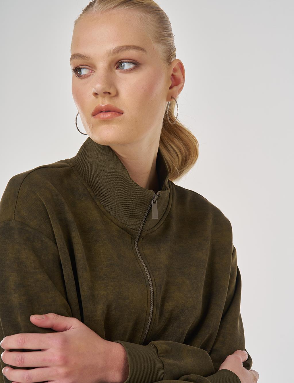 Stand-Up Collar Sweatshirt in Khaki