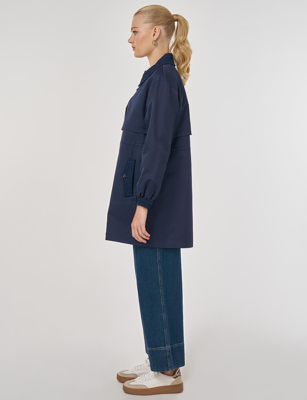 Denim Garnili Kısa Trençkot Koyu Lacivert 