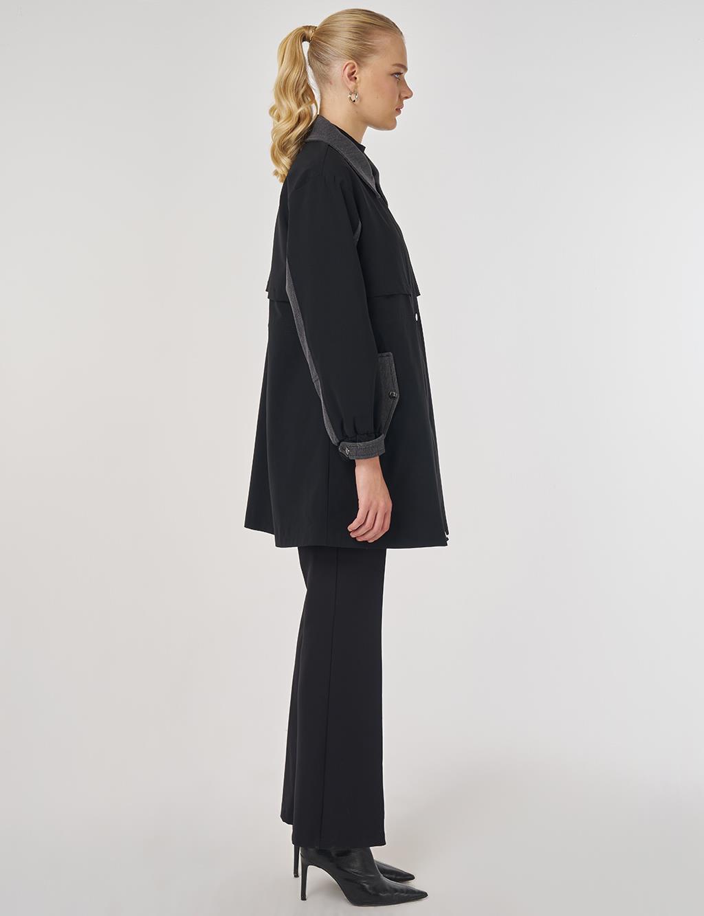 Denim Garnili Kısa Trençkot Siyah