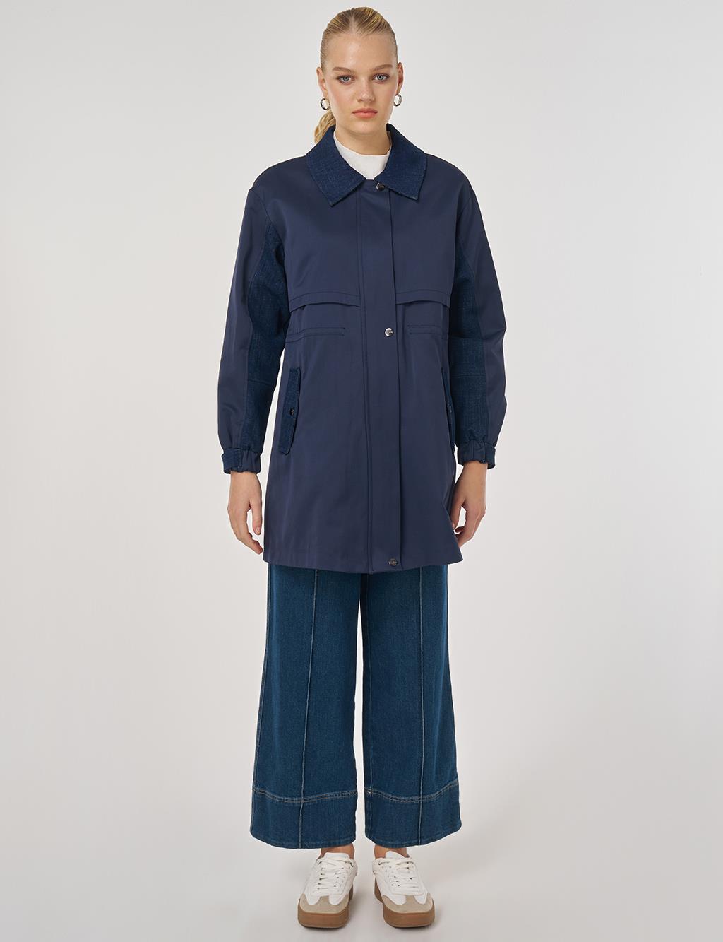 Denim Garnili Kısa Trençkot Koyu Lacivert 