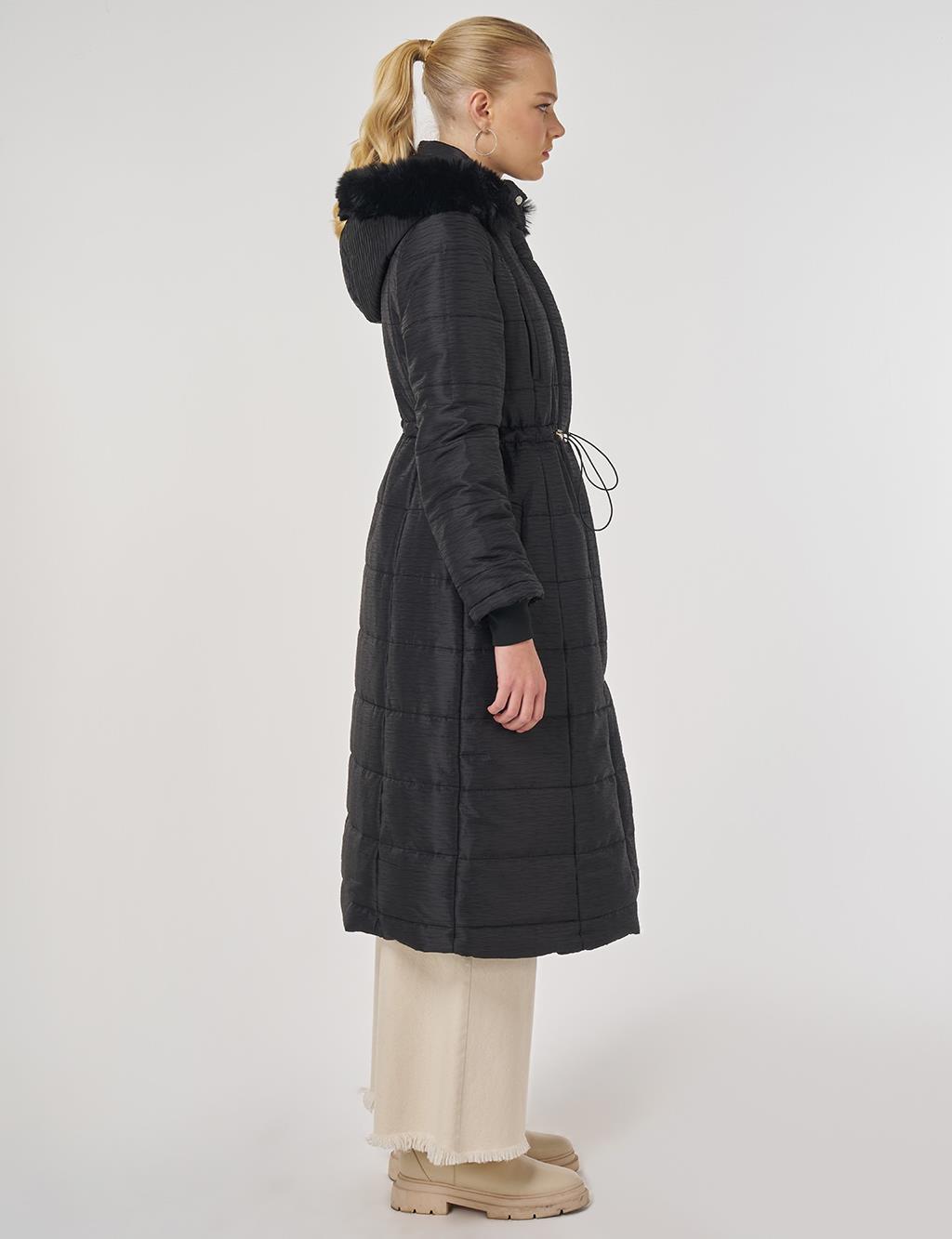 Faux Fur Quilted Coat in Black