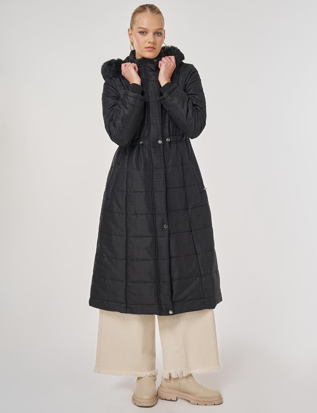 Faux Fur Quilted Coat in Black