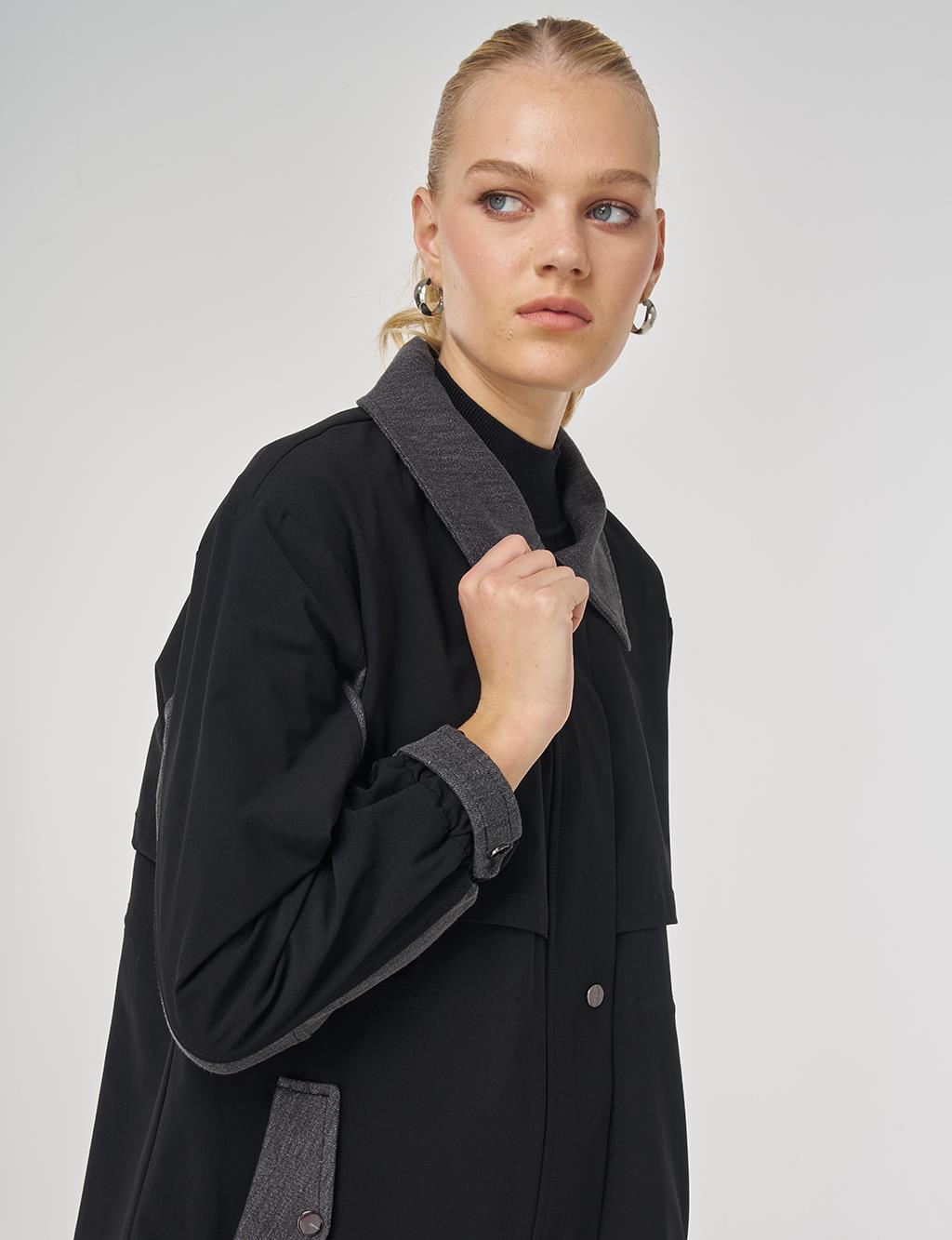 Denim Garnili Kısa Trençkot Siyah