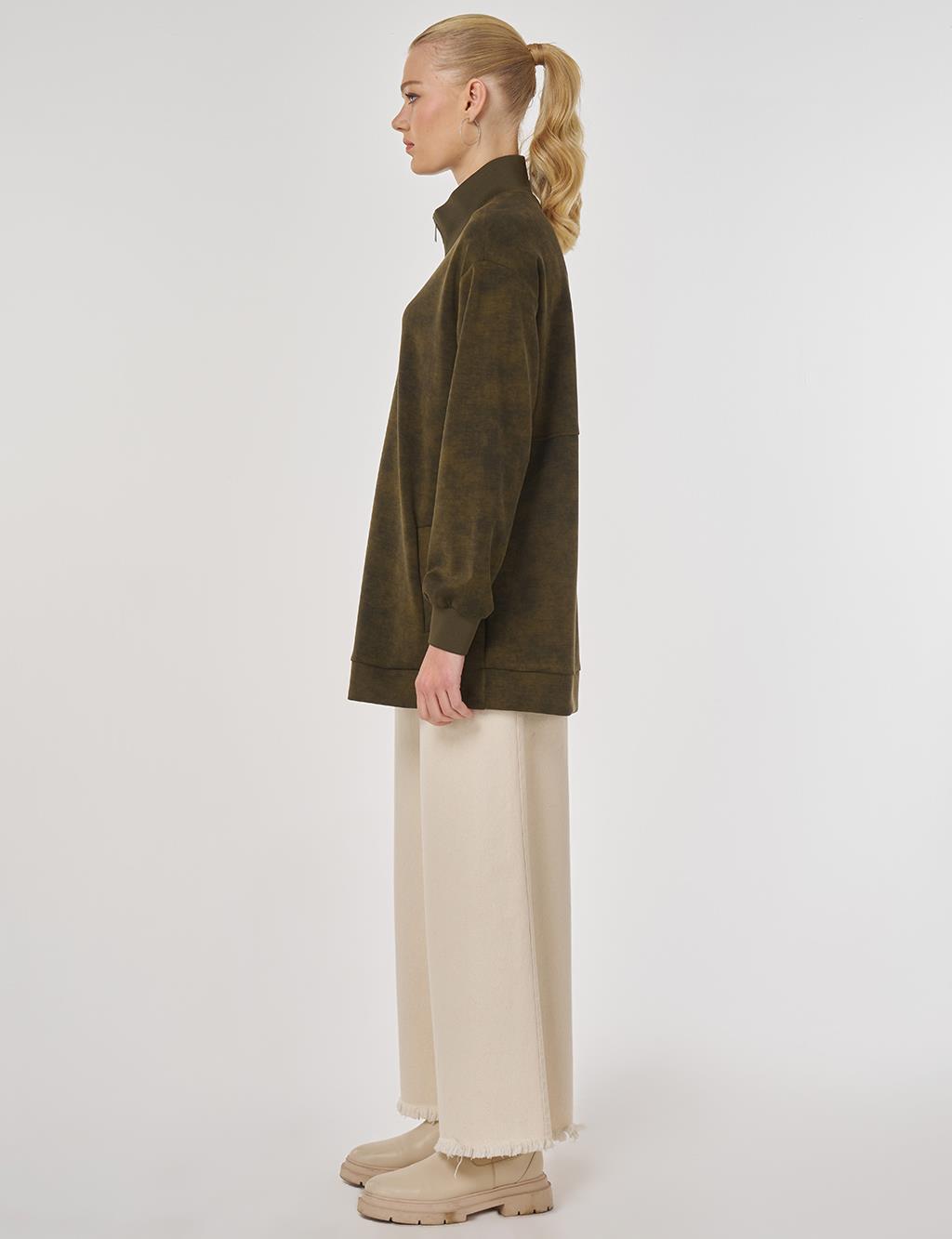 Stand-Up Collar Sweatshirt in Khaki