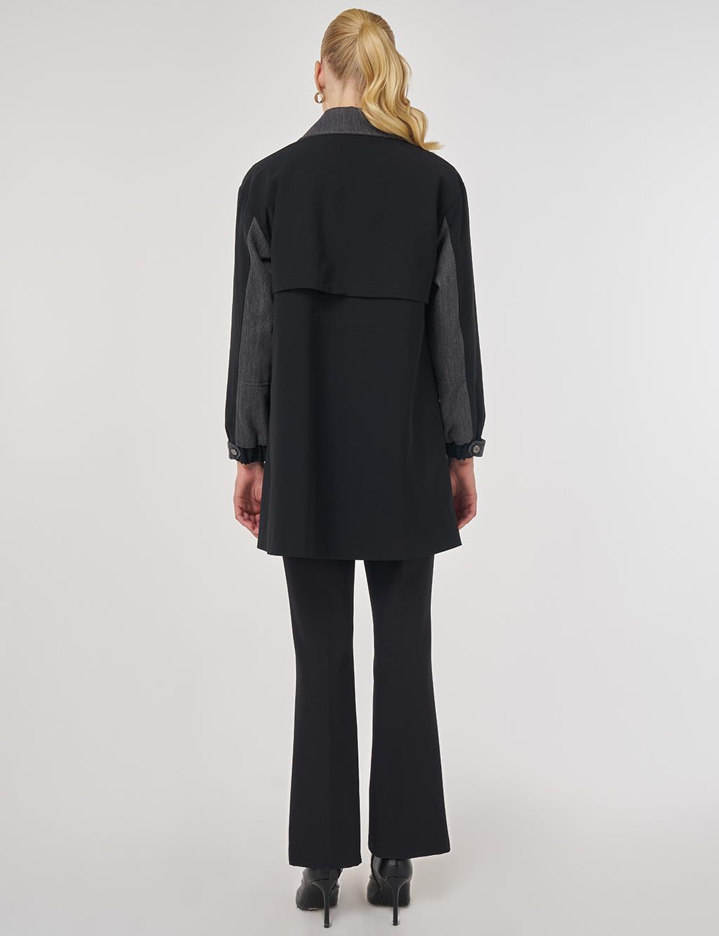 Denim Garnili Kısa Trençkot Siyah