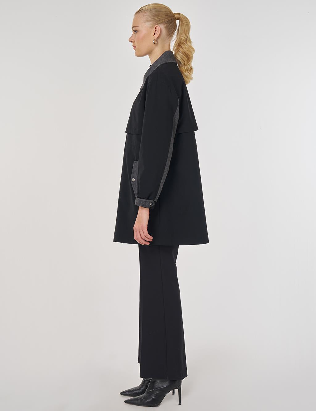 Denim Garnili Kısa Trençkot Siyah