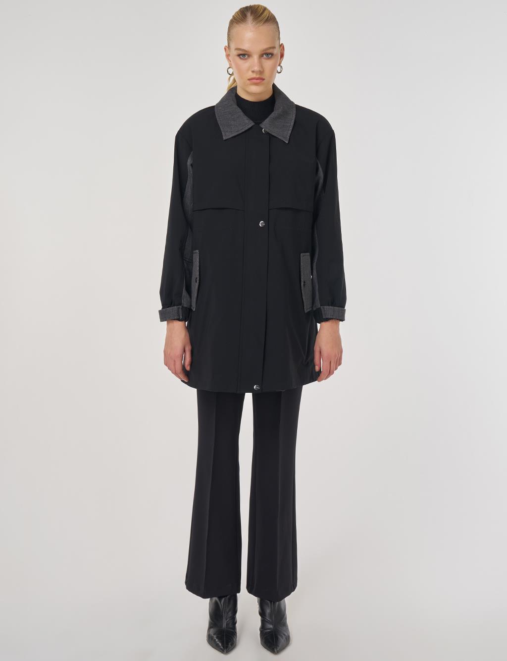 Denim Garnili Kısa Trençkot Siyah