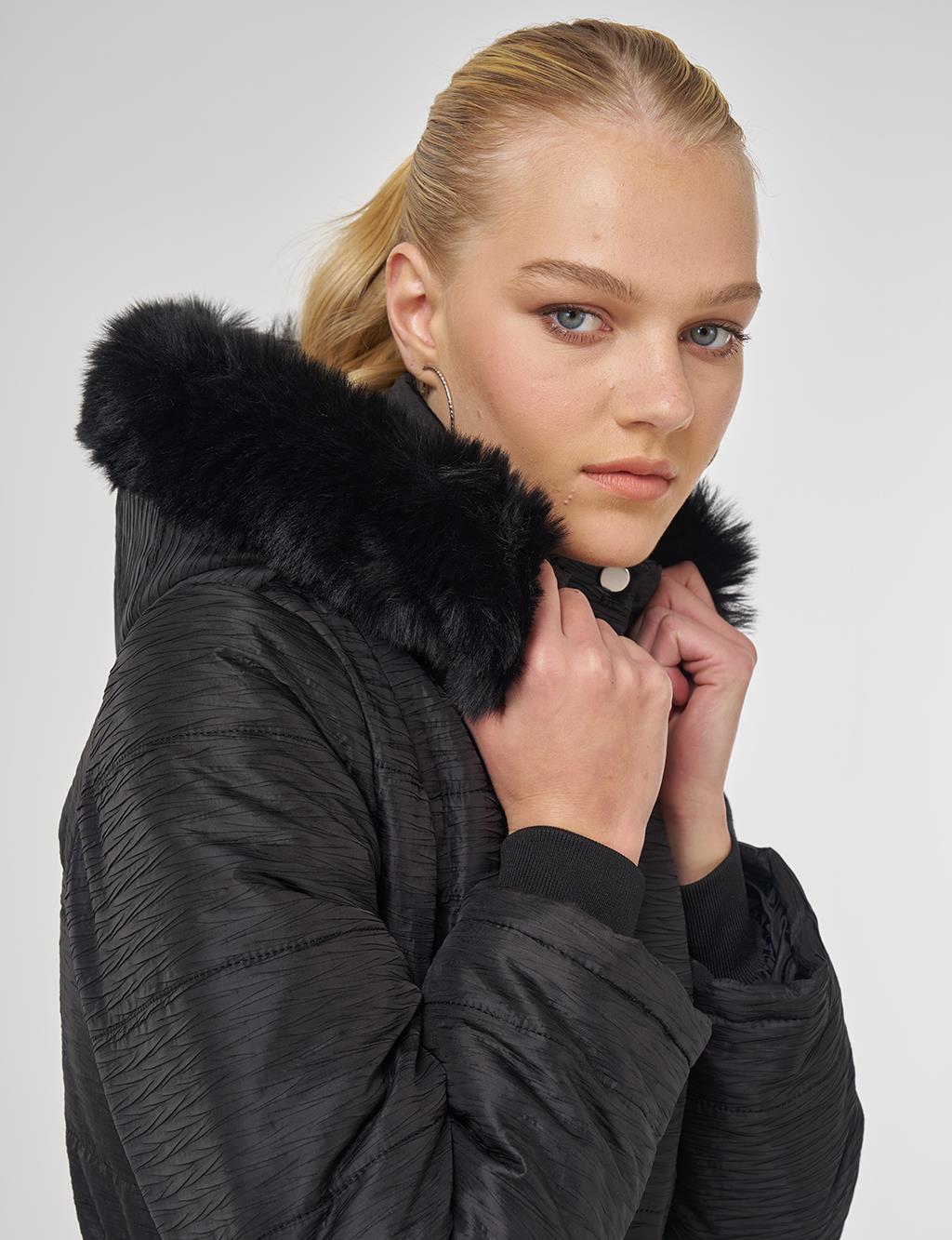 Faux Fur Quilted Coat in Black