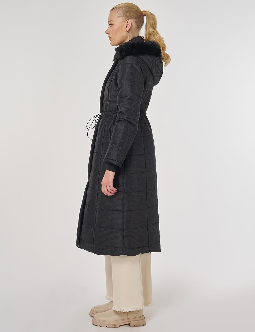 Faux Fur Quilted Coat in Black