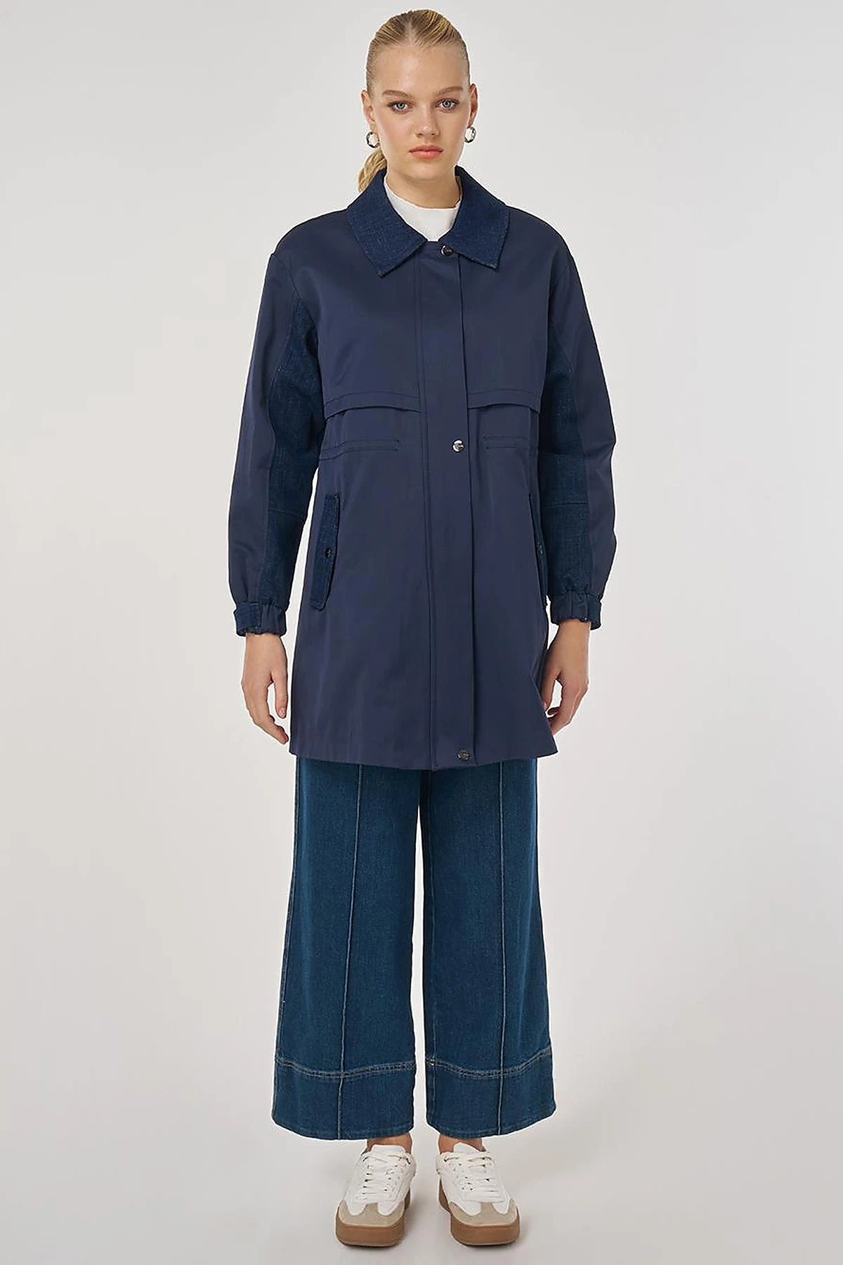 Denim-Trimmed Short Trench Coat Dark Navy
