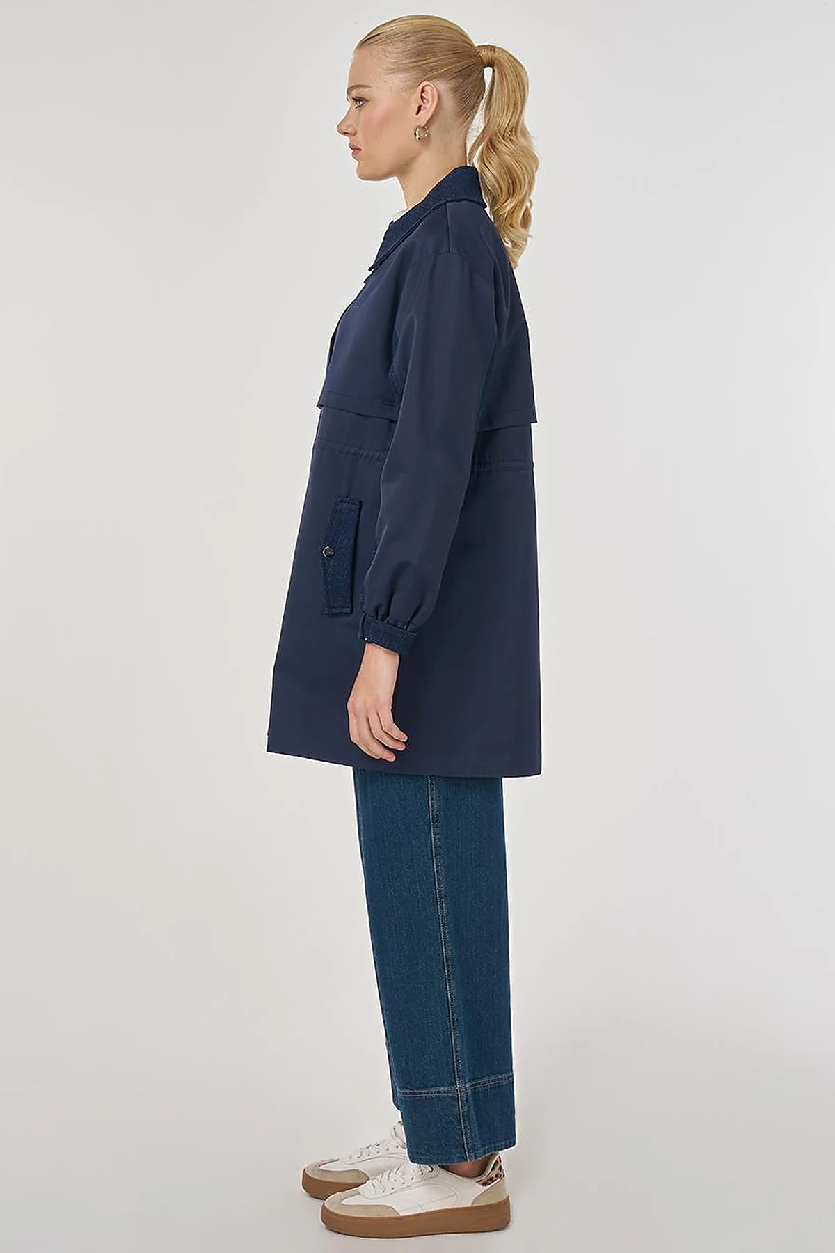Denim-Trimmed Short Trench Coat Dark Navy