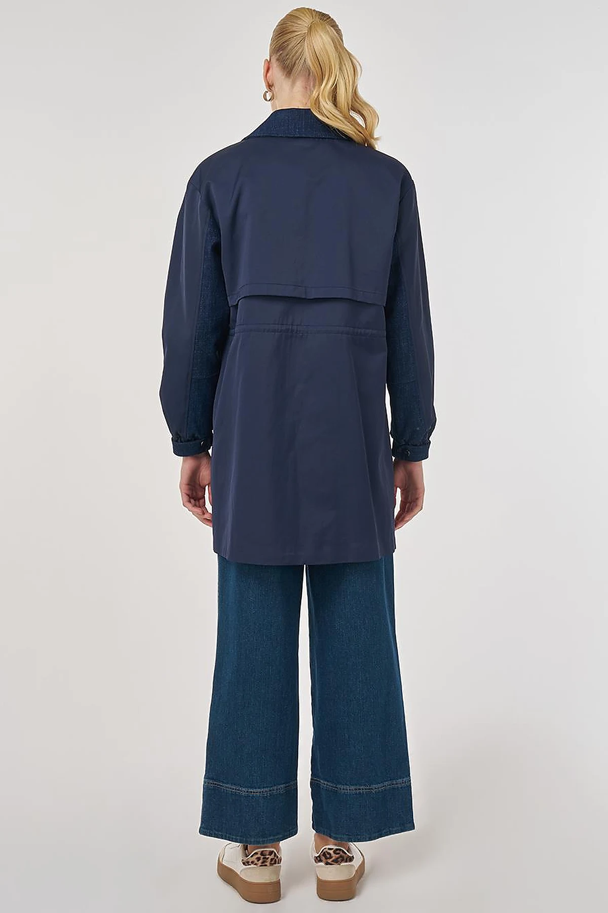 Denim-Trimmed Short Trench Coat Dark Navy