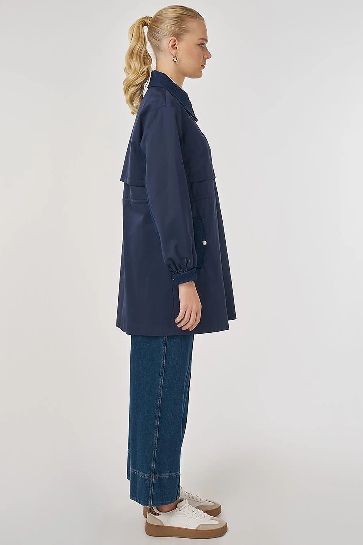 Denim-Trimmed Short Trench Coat Dark Navy