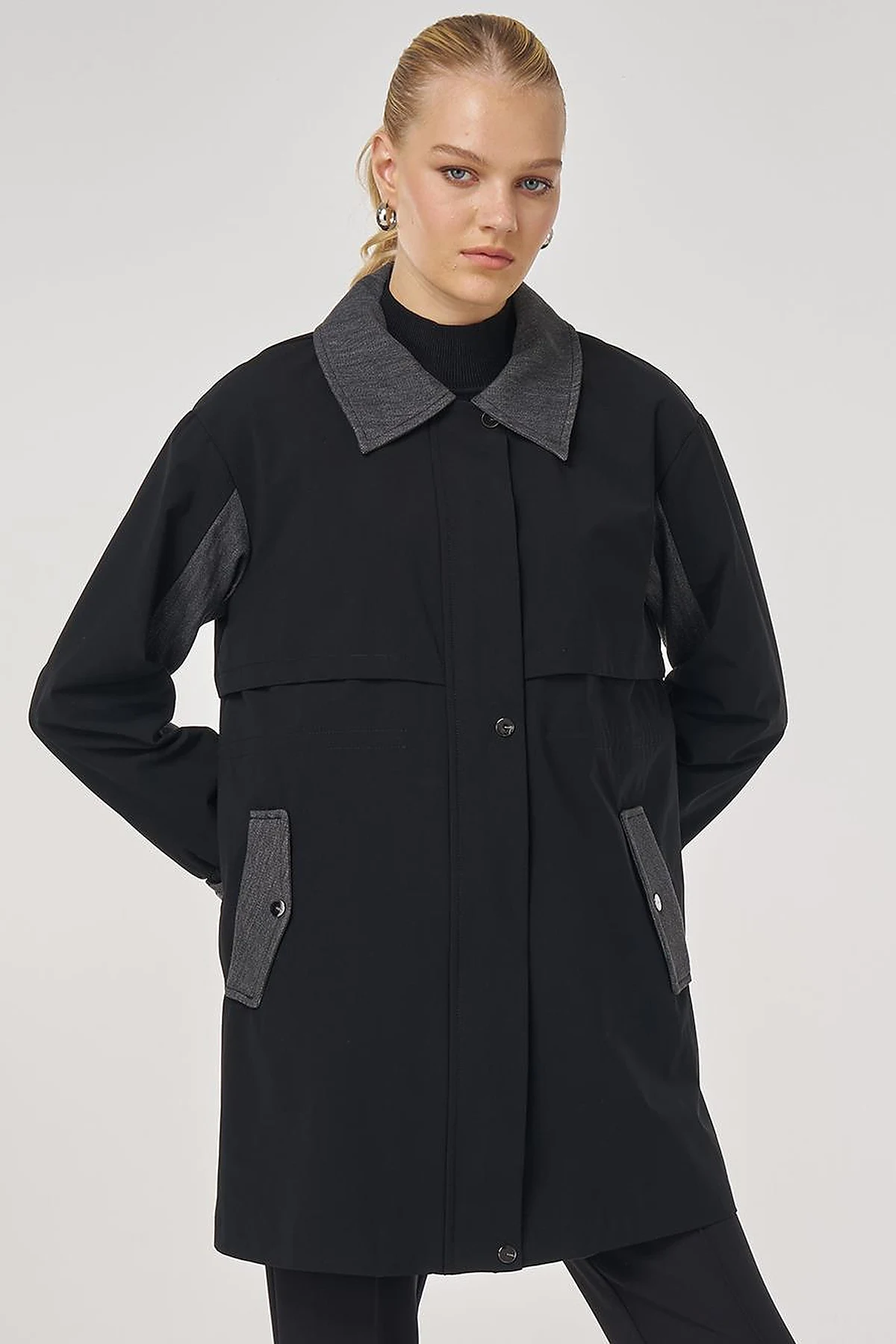 Denim-Trimmed Short Trench Coat Black