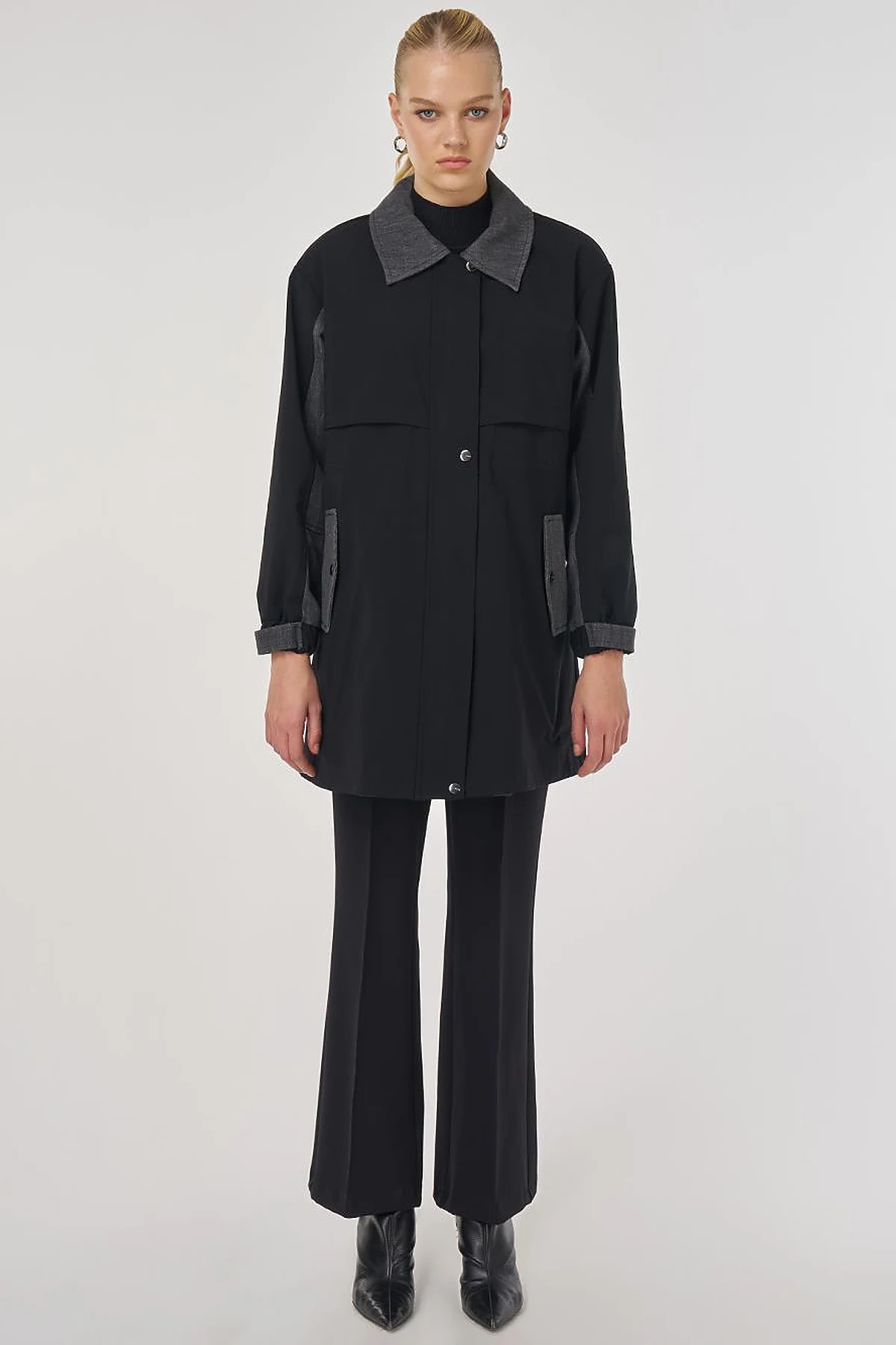 Denim-Trimmed Short Trench Coat Black