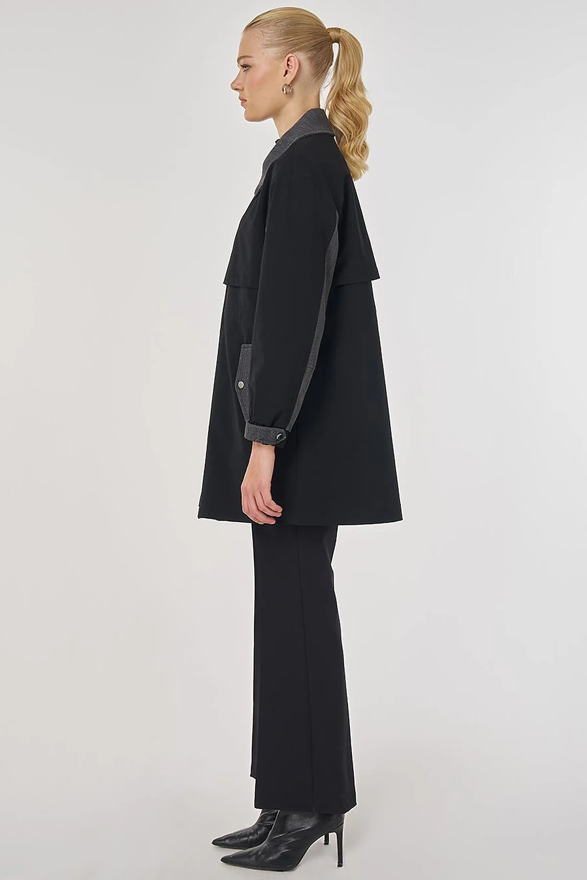Denim-Trimmed Short Trench Coat Black