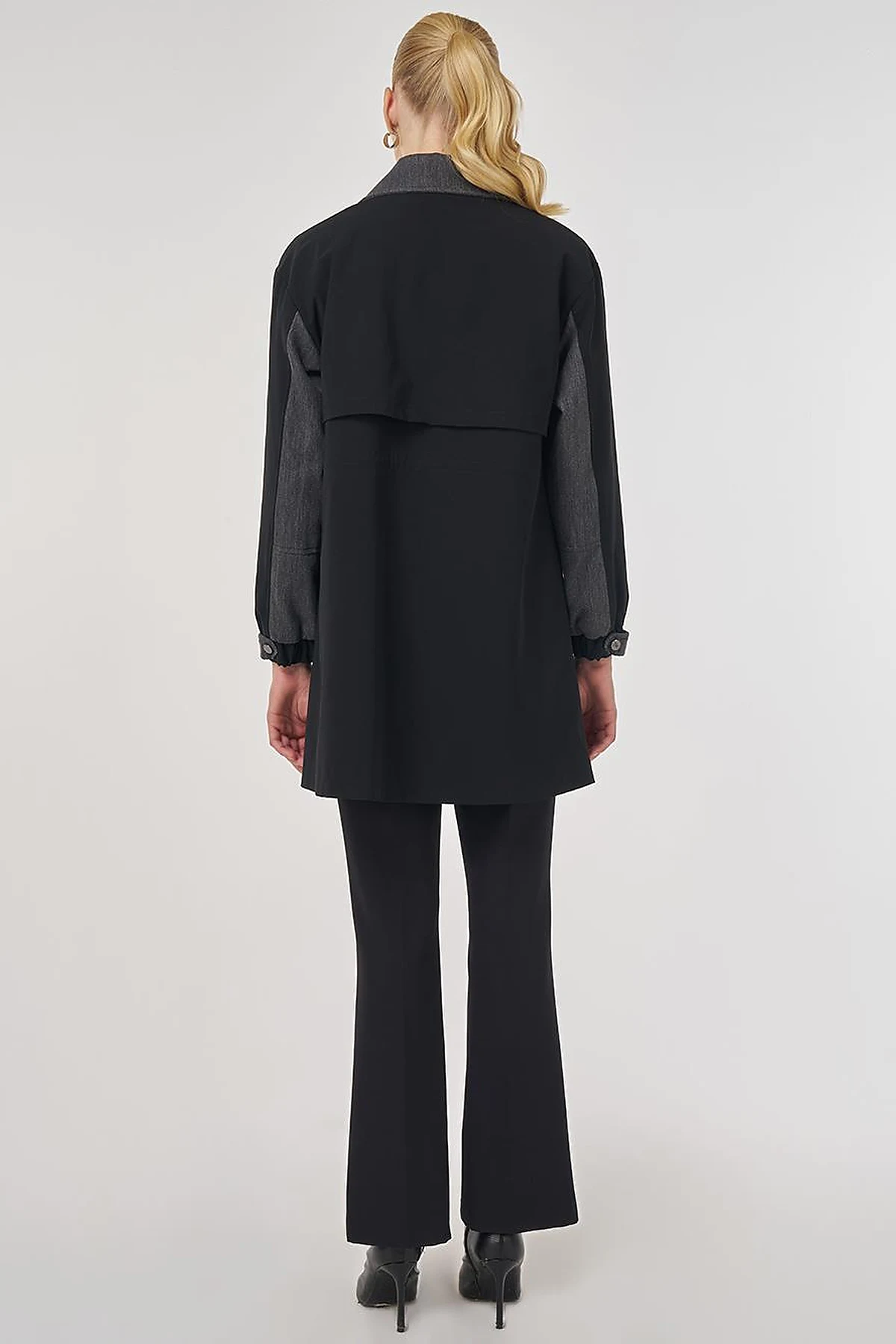 Denim-Trimmed Short Trench Coat Black