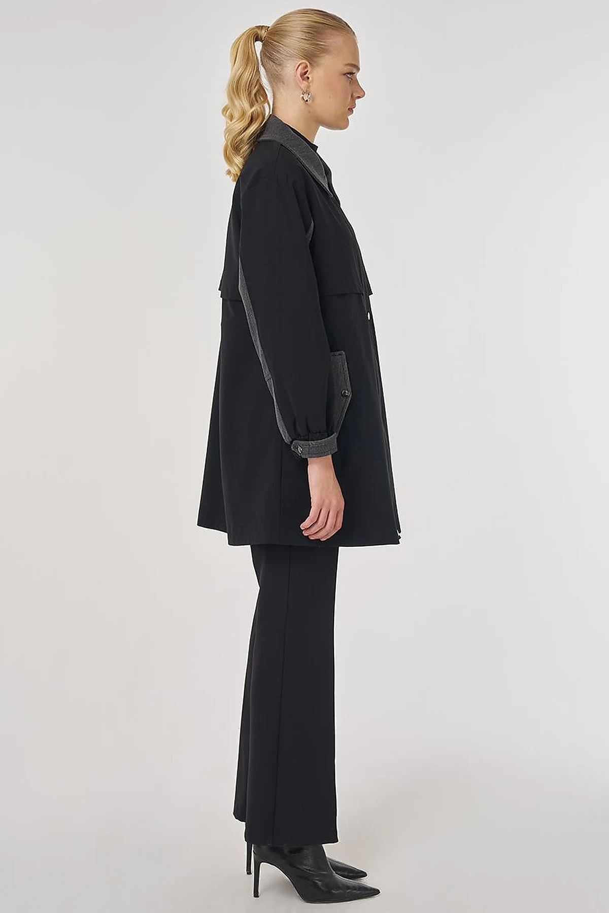 Denim-Trimmed Short Trench Coat Black