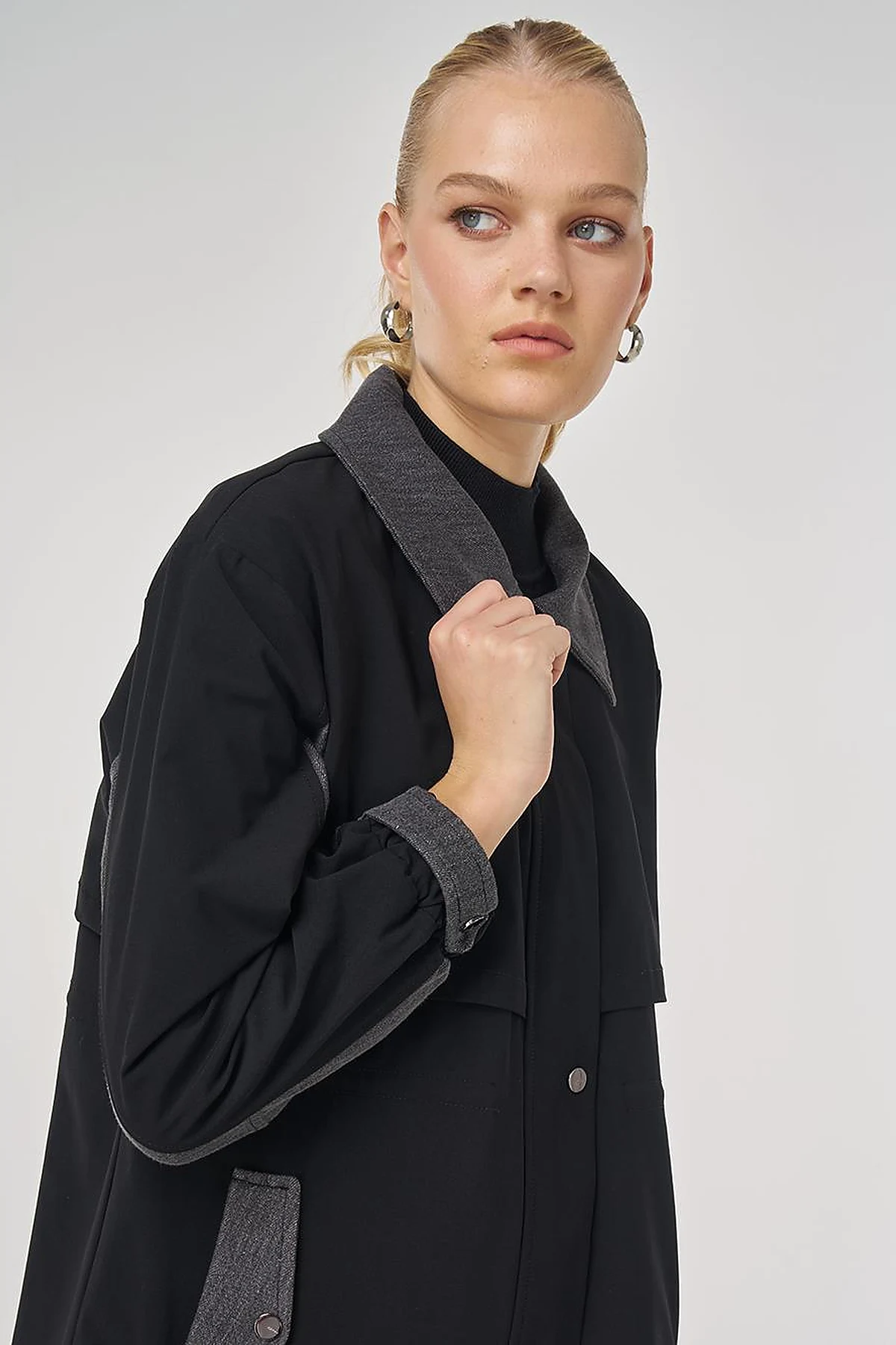 Denim-Trimmed Short Trench Coat Black