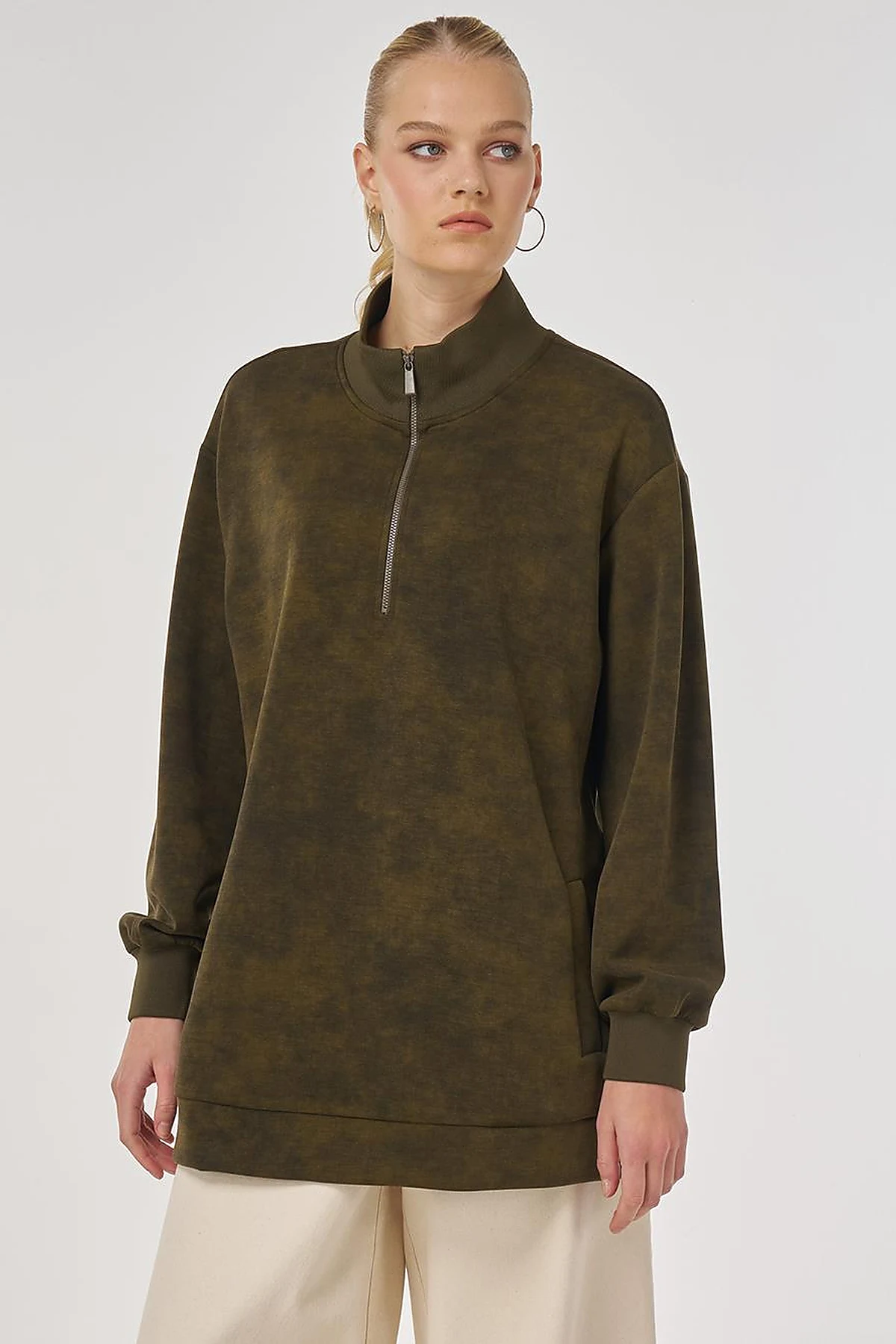 Stand-Up Collar Sweatshirt in Khaki