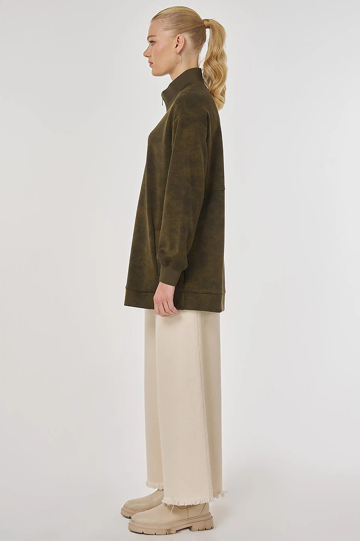 Stand-Up Collar Sweatshirt in Khaki