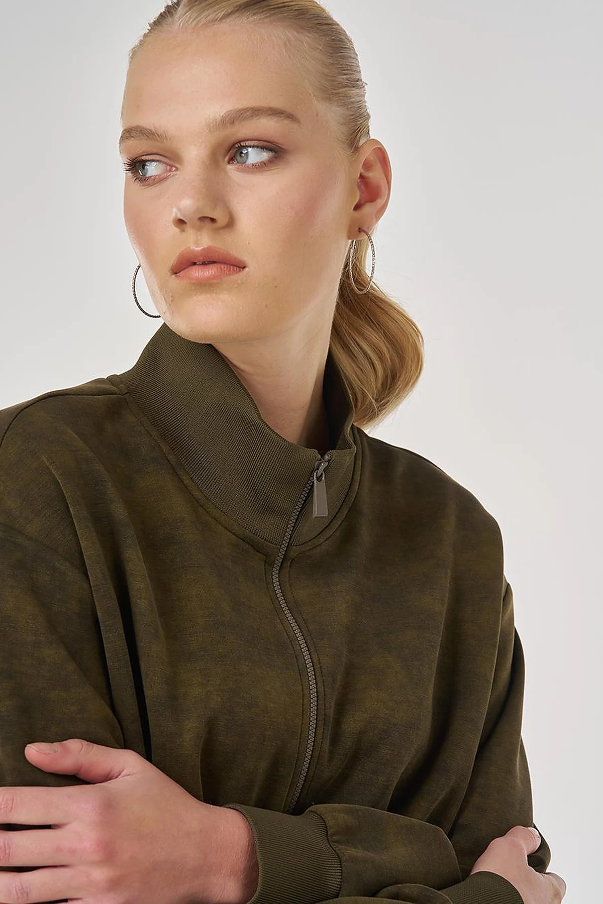 Stand-Up Collar Sweatshirt in Khaki