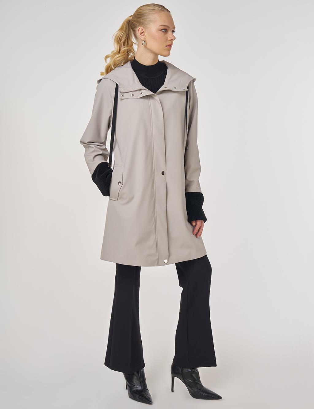 Kadife Garnili Kapüşonlu Kap Gri