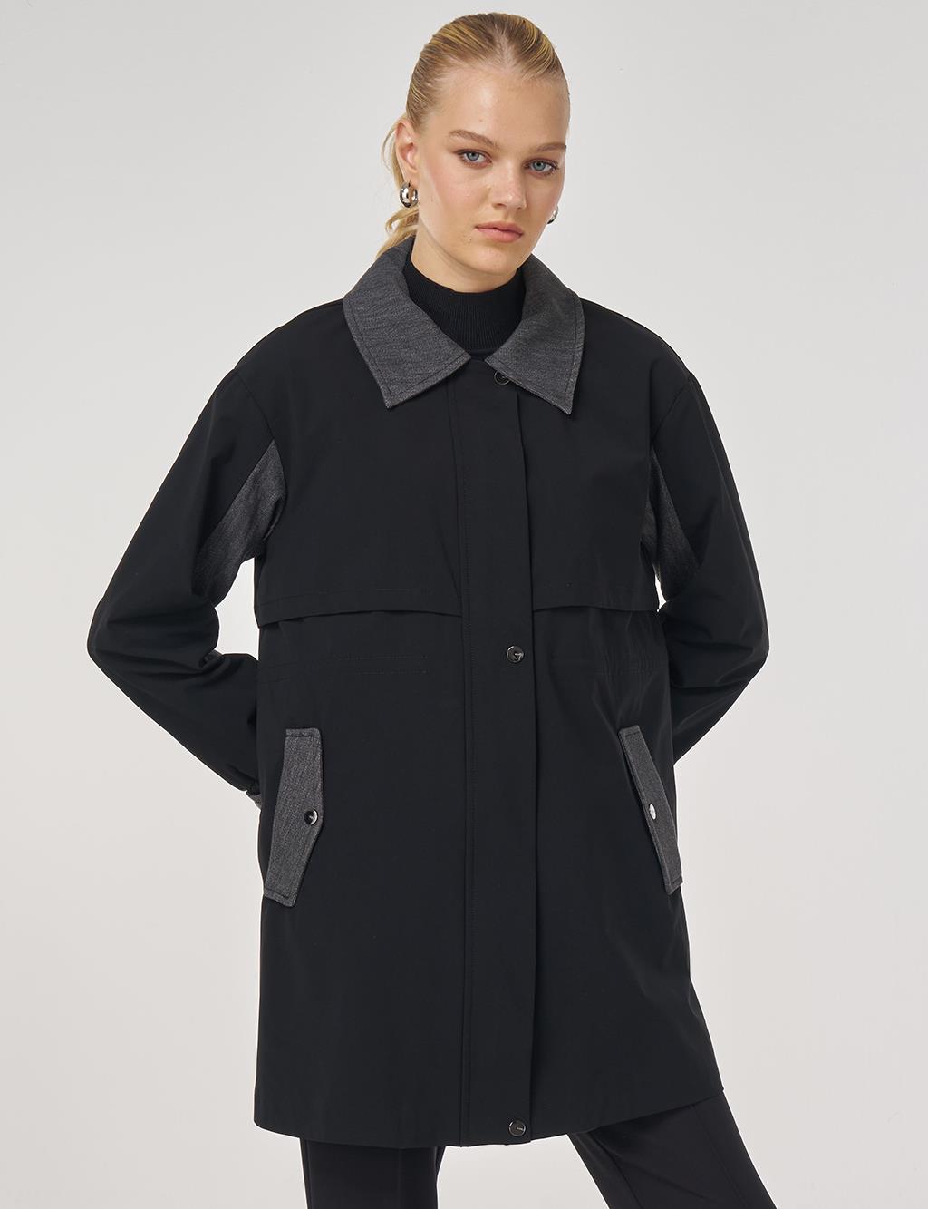 Denim Garnili Kısa Trençkot Siyah