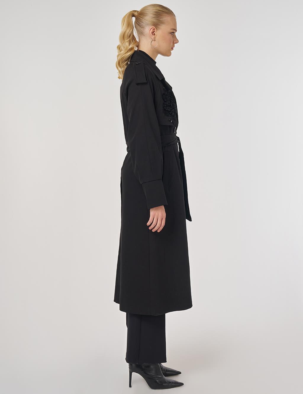 İşleme Detaylı Trençkot Siyah 