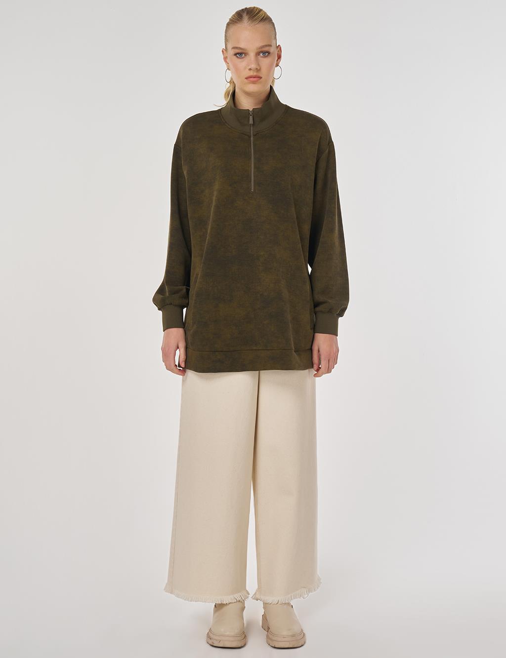 Stand-Up Collar Sweatshirt in Khaki