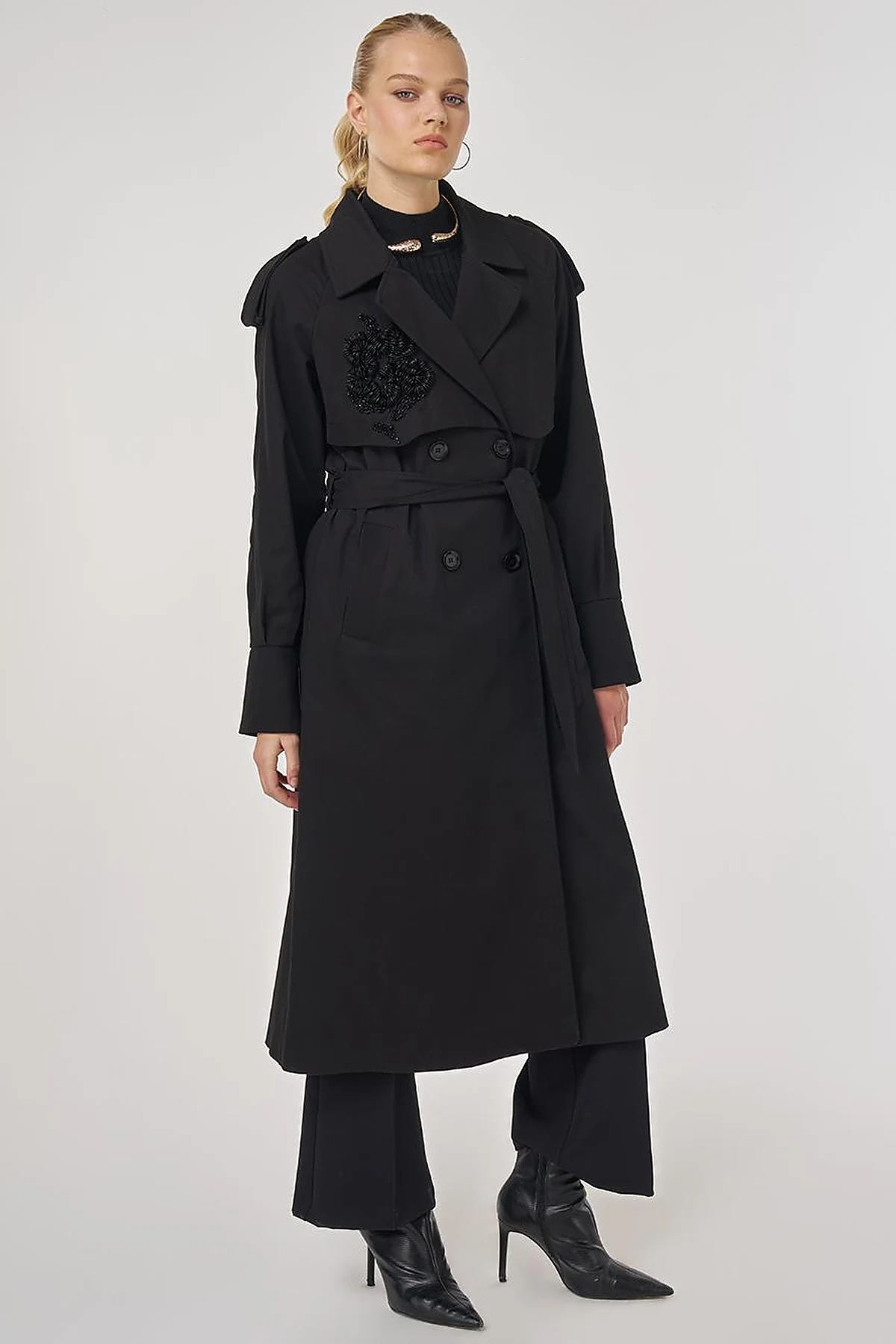 Embroidered Trench Coat Black