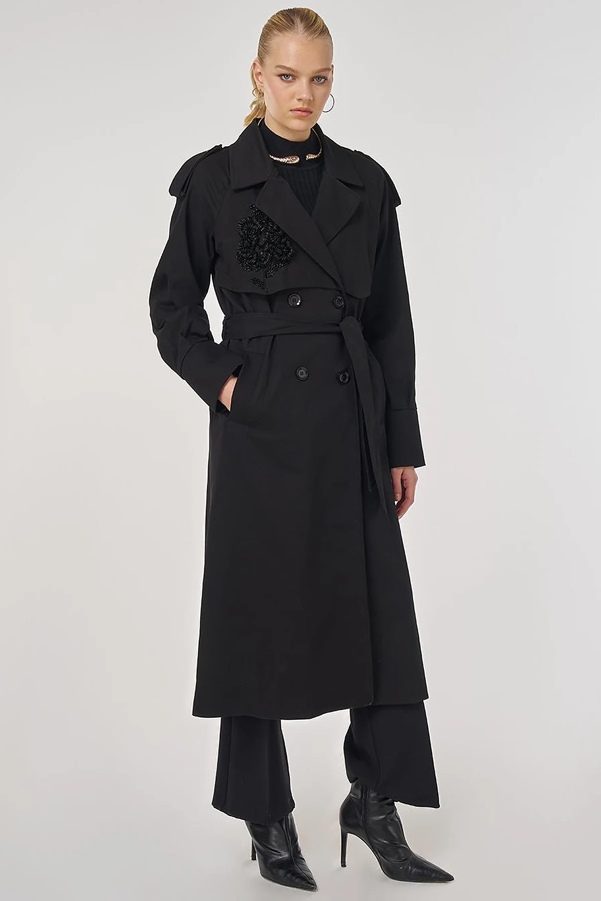 Embroidered Trench Coat Black