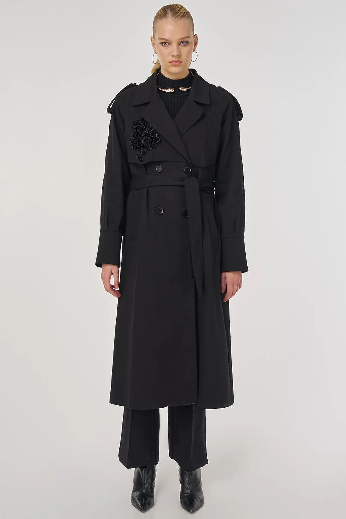 Embroidered Trench Coat Black