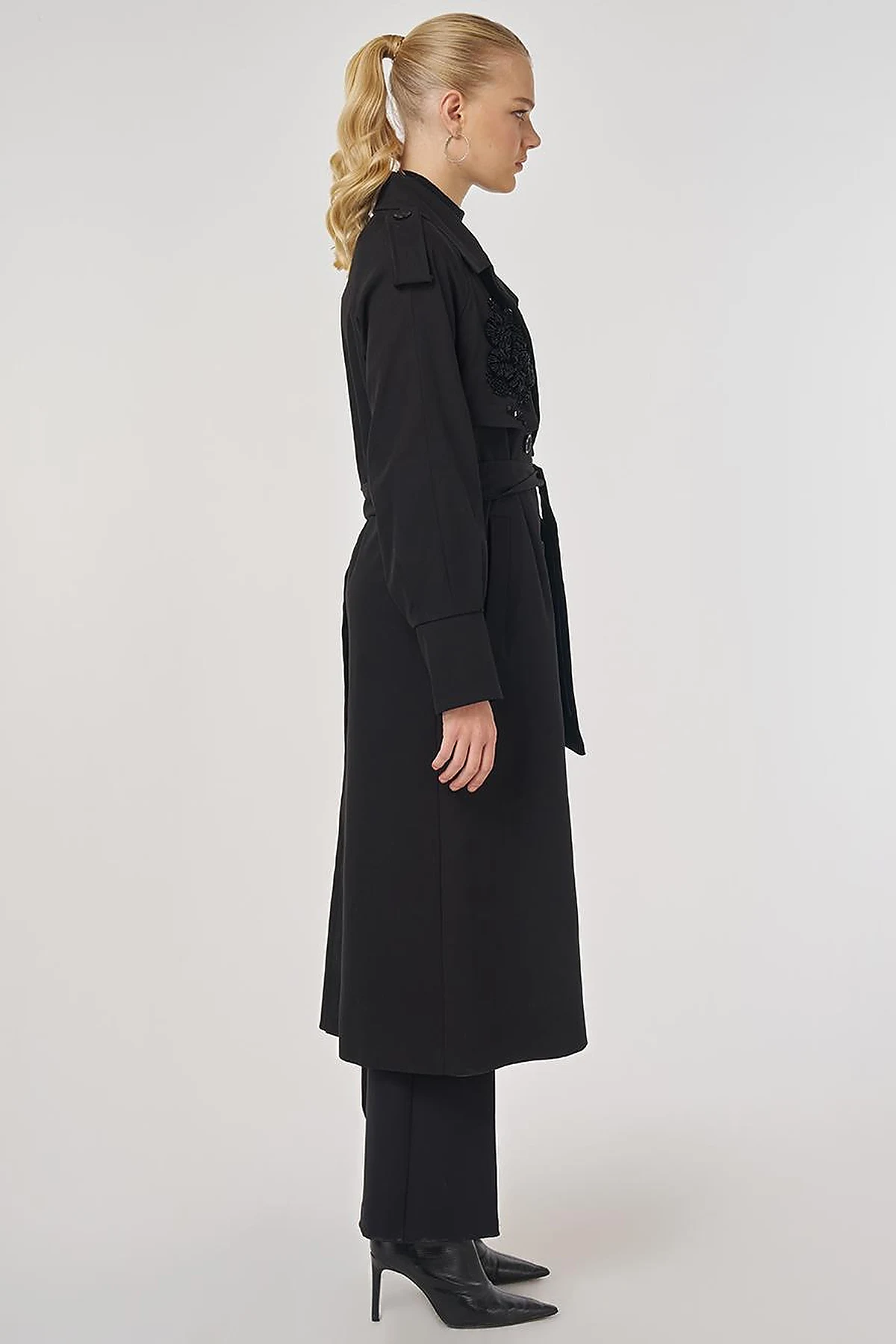 Embroidered Trench Coat Black
