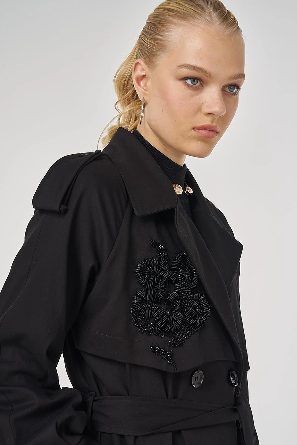 Embroidered Trench Coat Black