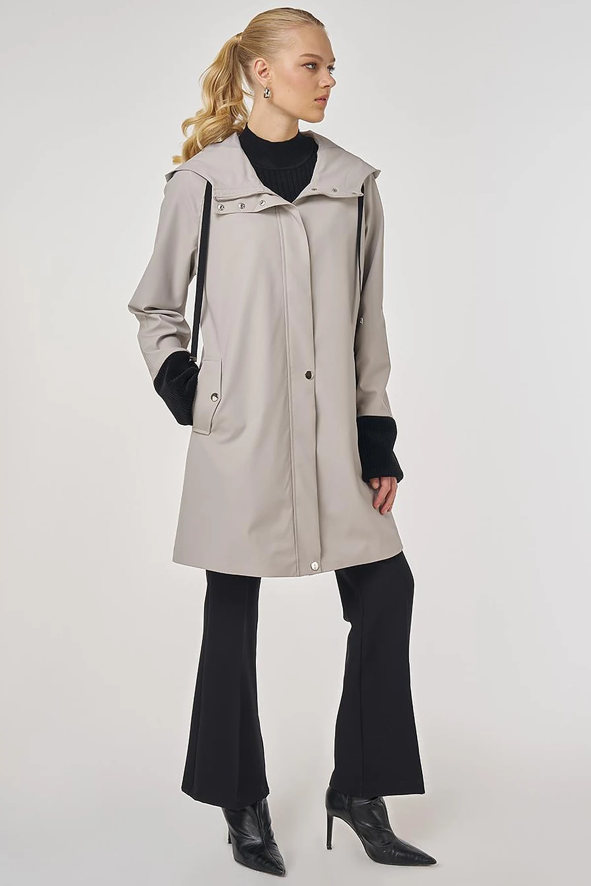 Velvet-Trimmed Hooded Coat Gray