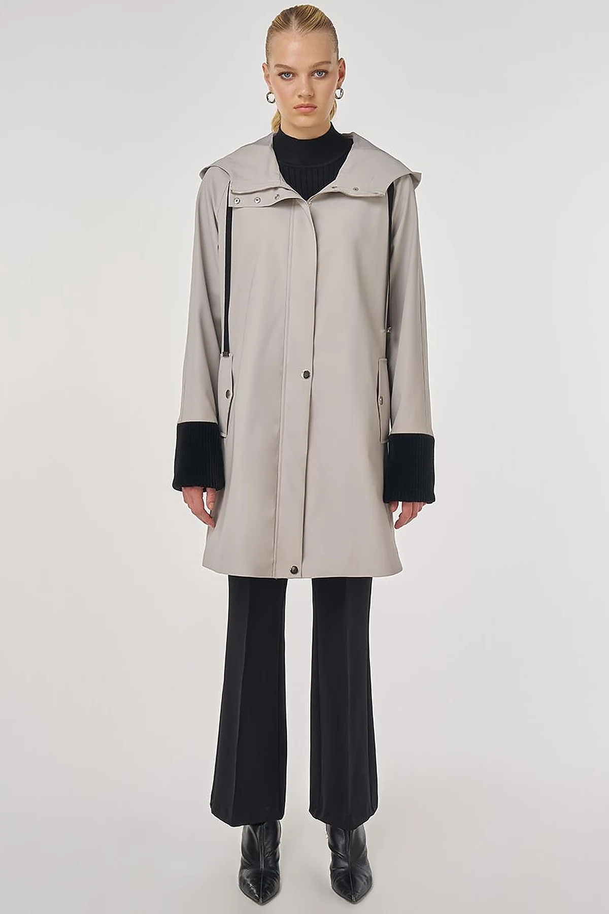 Velvet-Trimmed Hooded Coat Gray