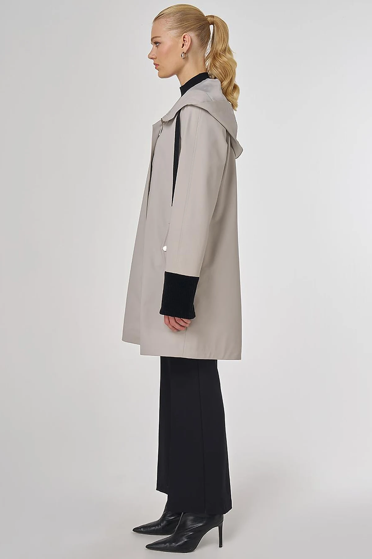 Velvet-Trimmed Hooded Coat Gray