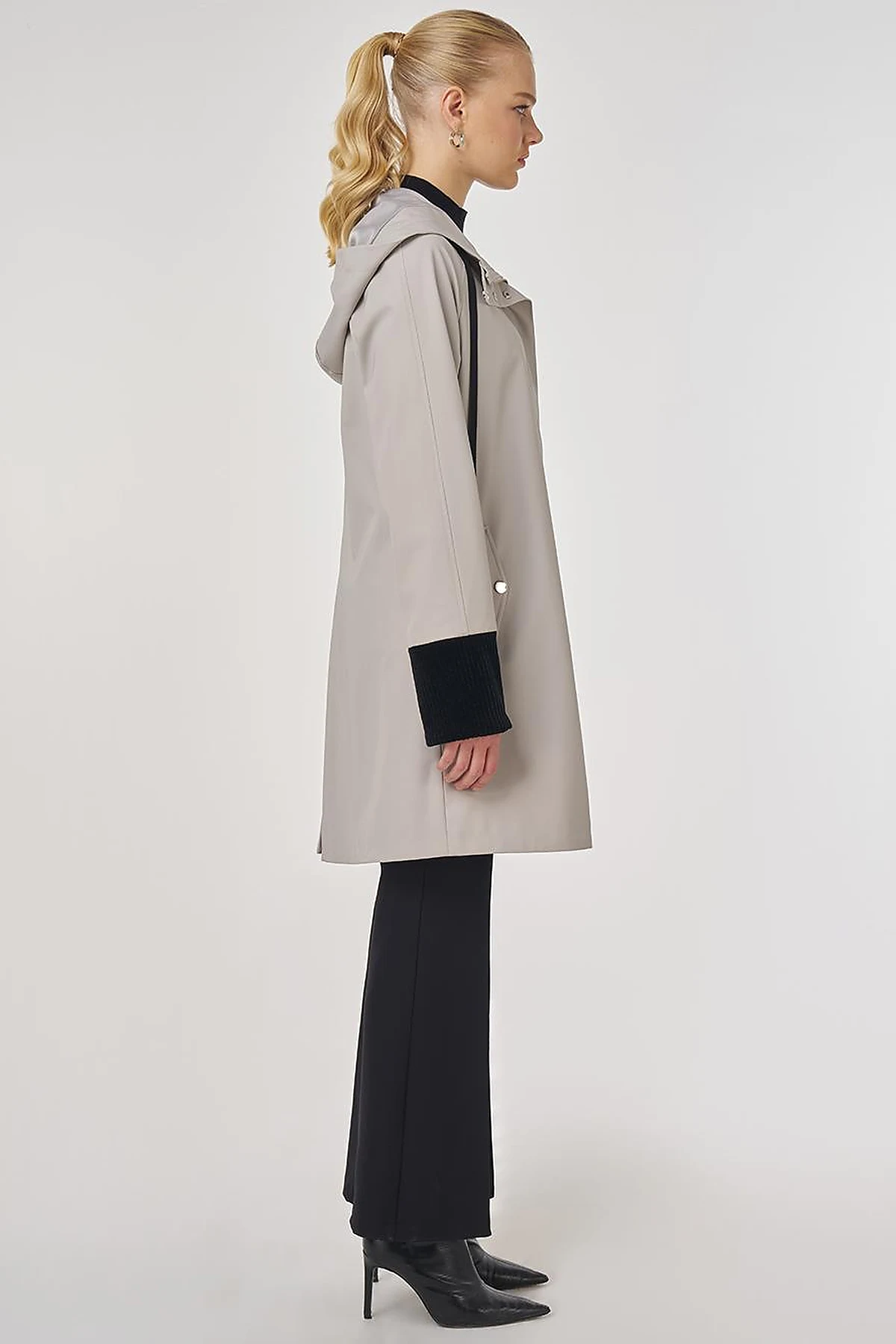 Velvet-Trimmed Hooded Coat Gray