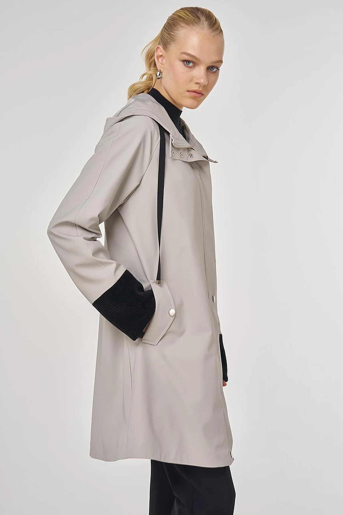 Velvet-Trimmed Hooded Coat Gray