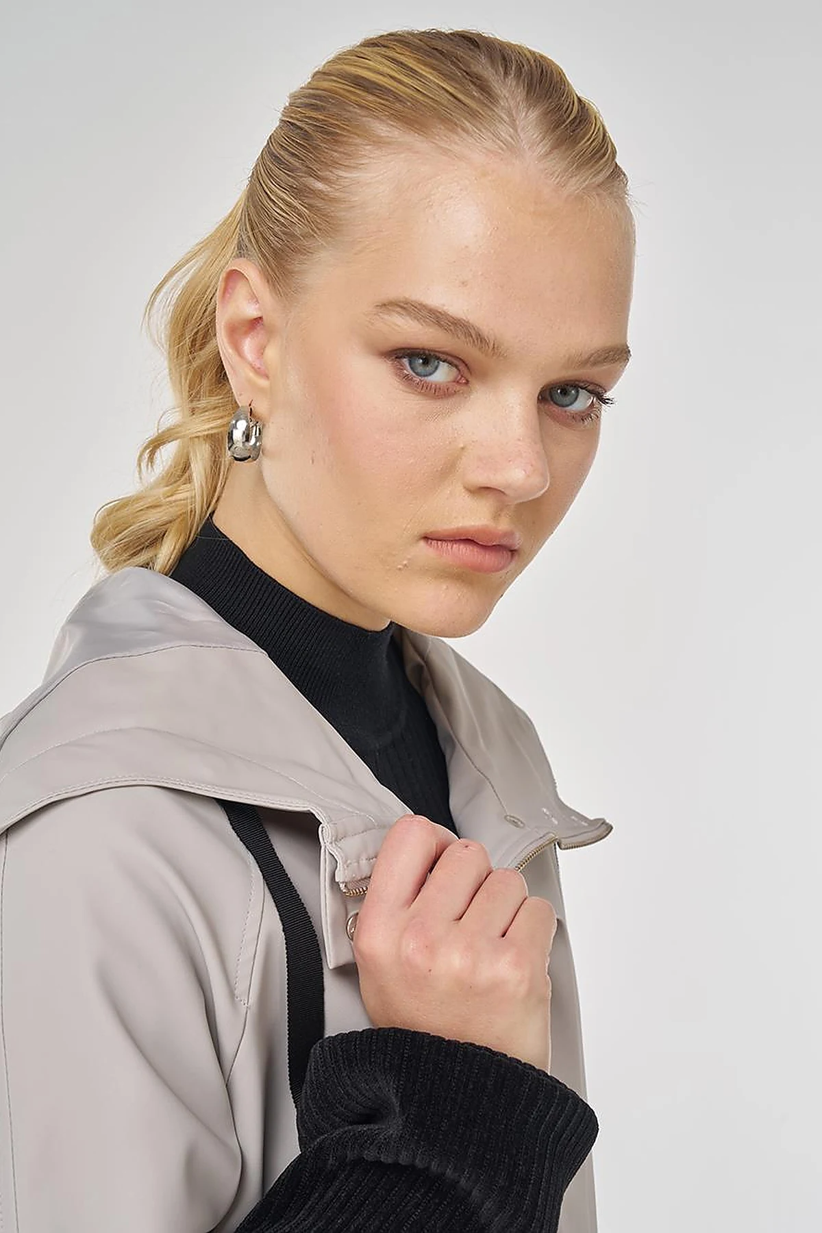 Velvet-Trimmed Hooded Coat Gray