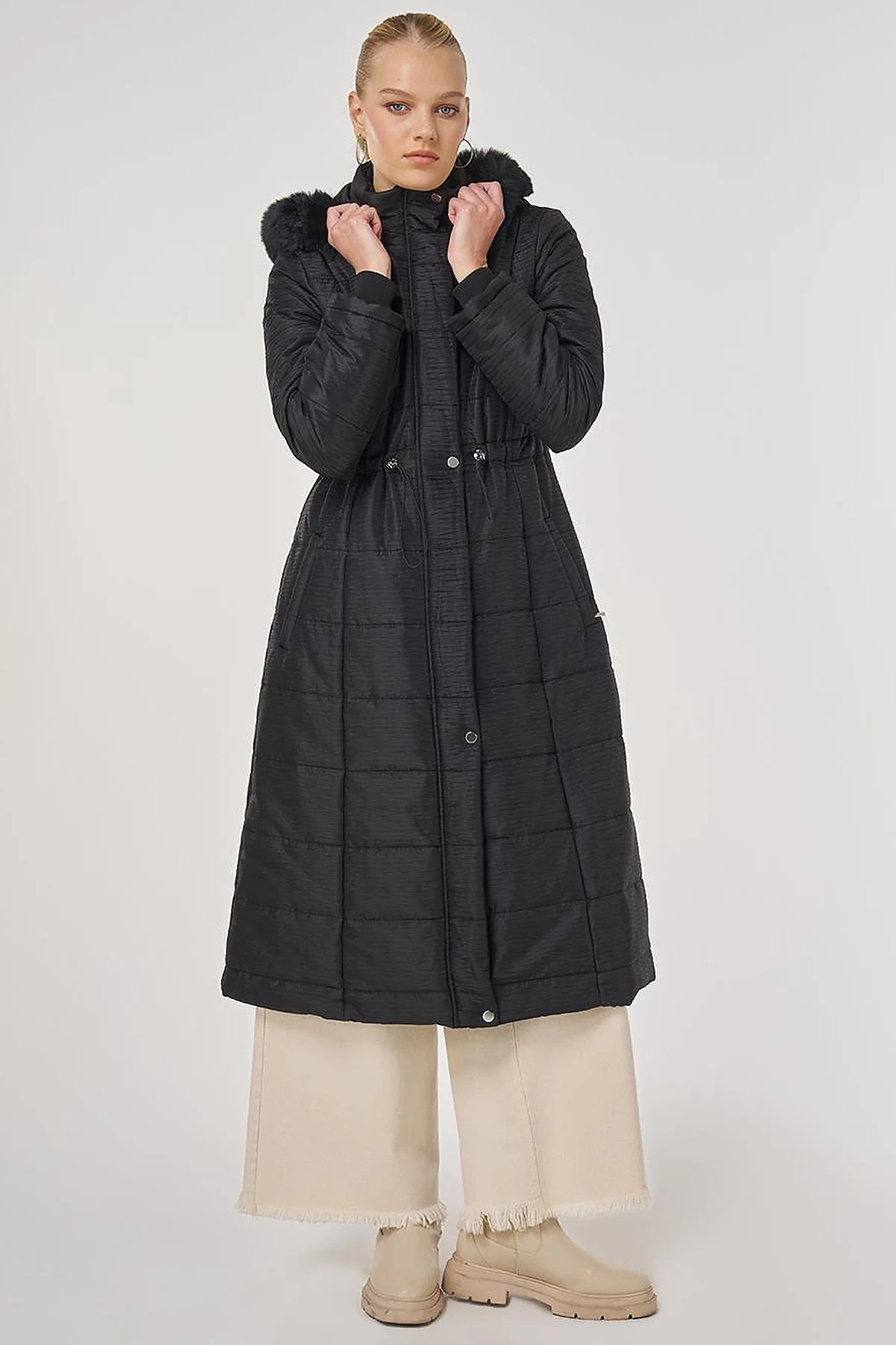 Faux Fur Quilted Coat in Black