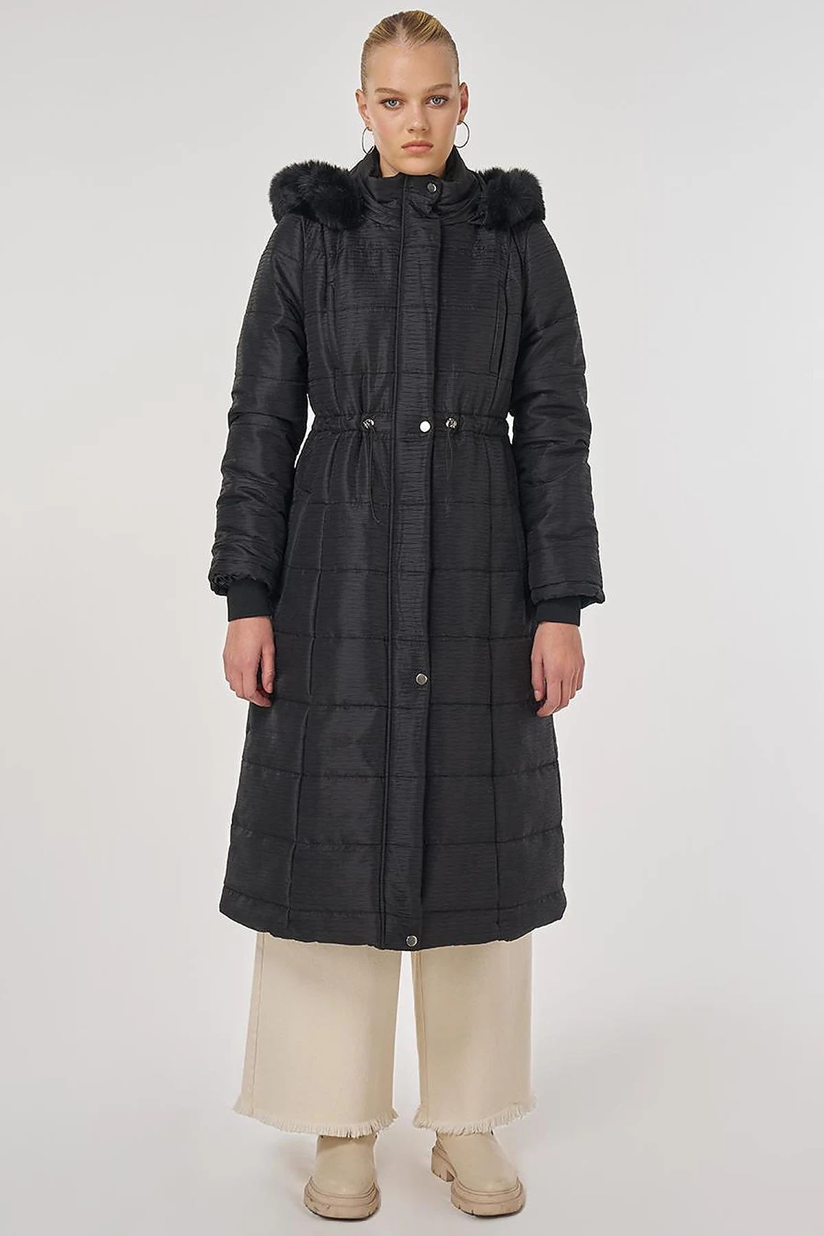 Faux Fur Quilted Coat in Black